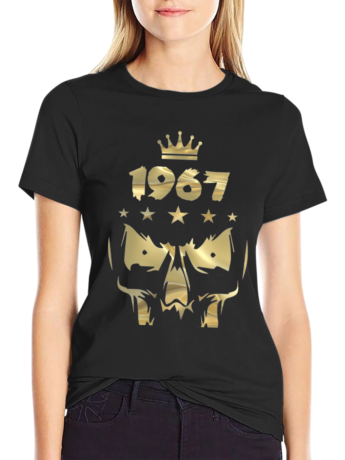Gold 1967 Crown Skull Graphic Black T-Shirt
