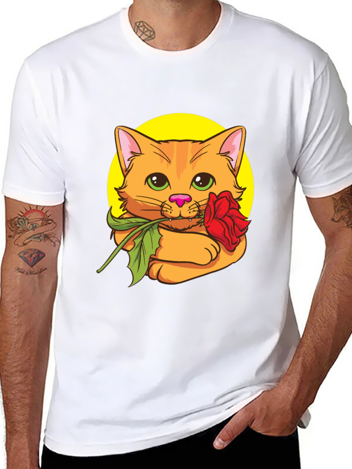 Cat with Rose T-Shirt - Cute Graphic Tee