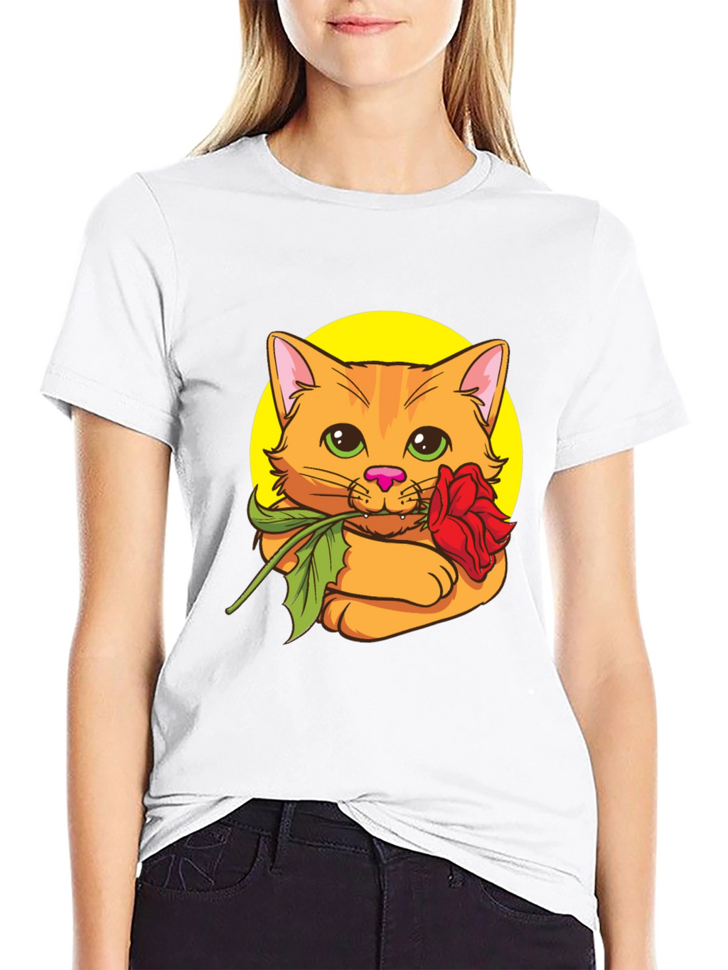 Cat with Rose T-Shirt - Cute Graphic Tee