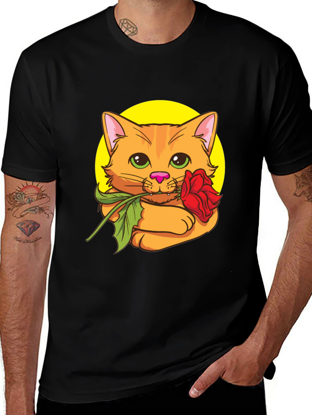 Cat with Rose T-Shirt - Cute Graphic Tee