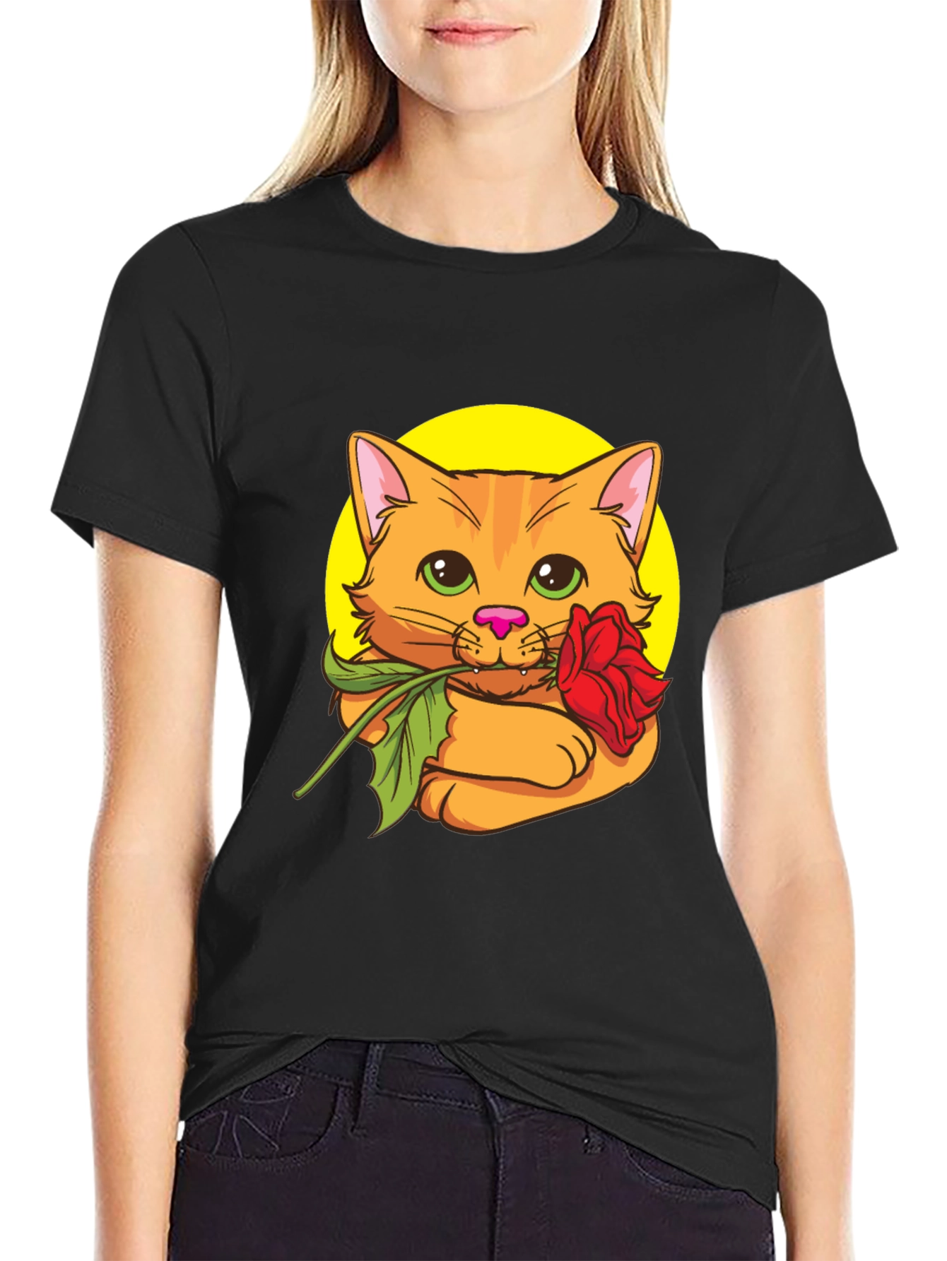 Cat with Rose T-Shirt - Cute Graphic Tee