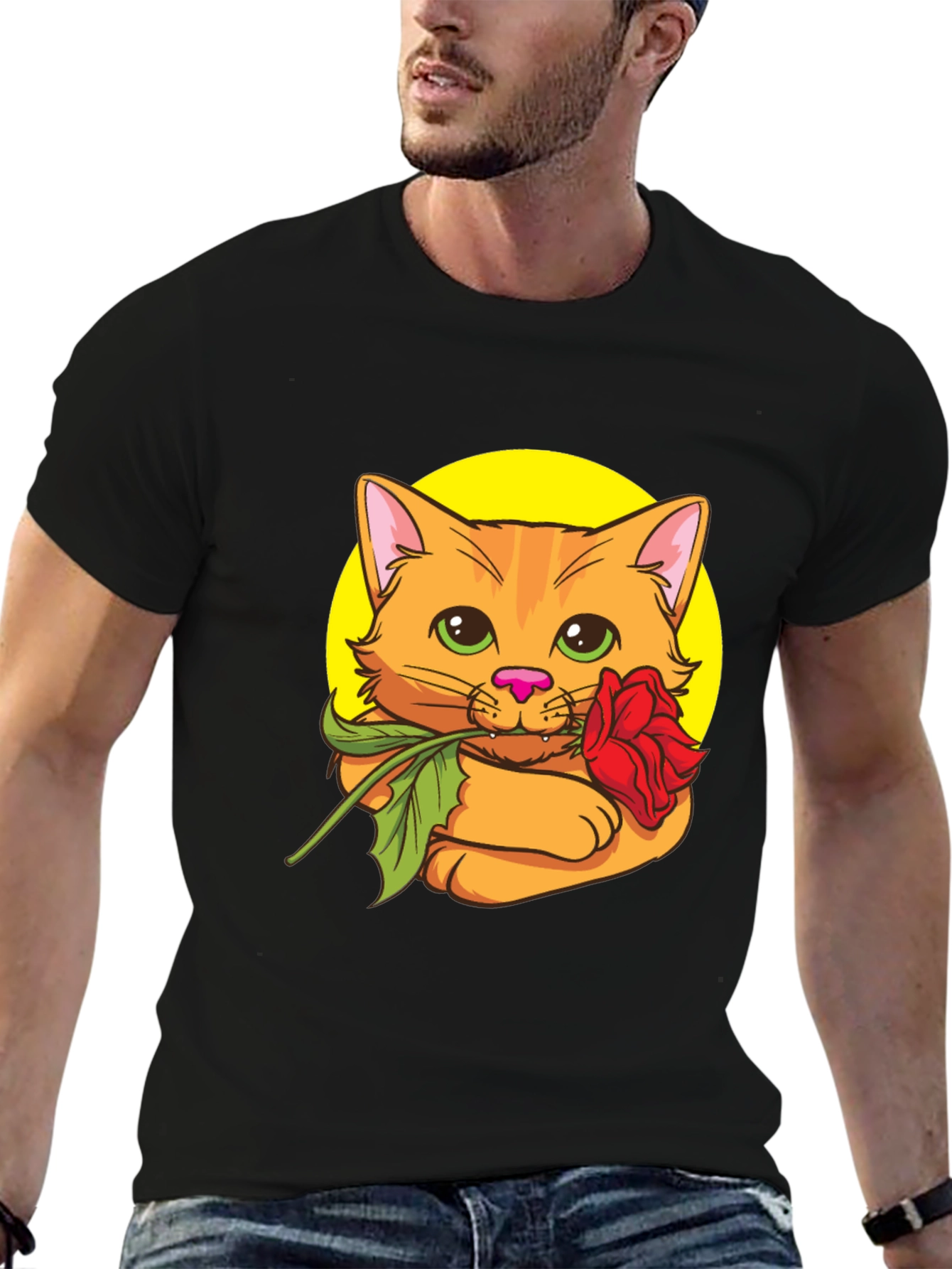 Cat with Rose T-Shirt - Cute Graphic Tee