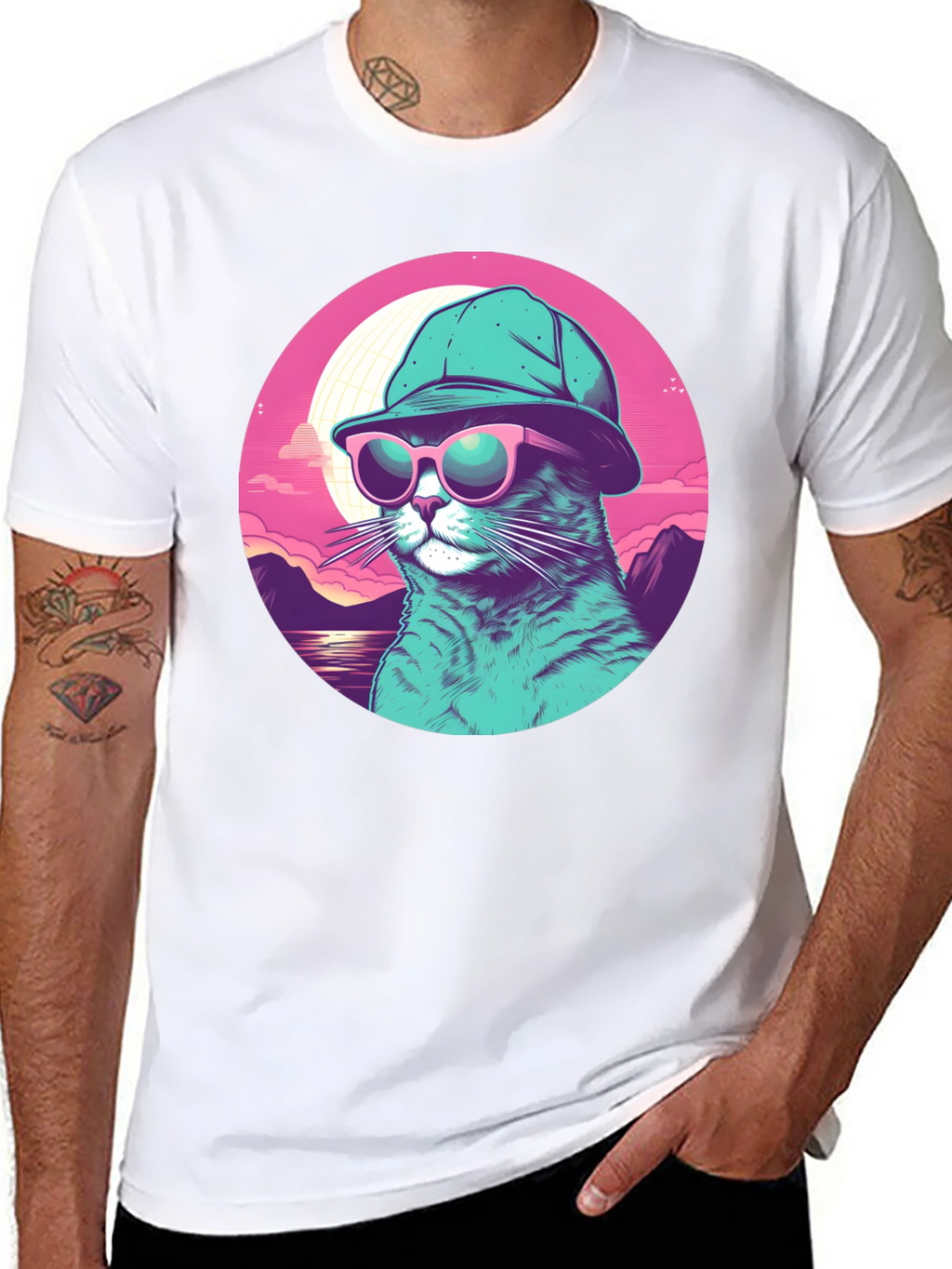 Cool Cat T-Shirt: Sunglasses & Hat Retro Style