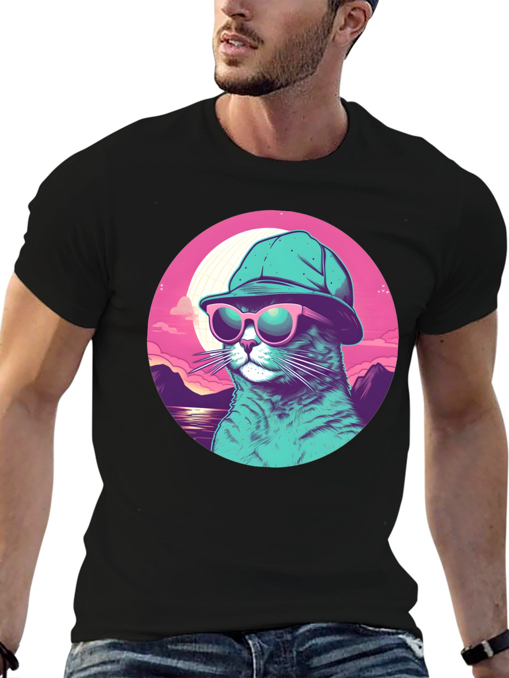 Cool Cat T-Shirt: Sunglasses & Hat Retro Style