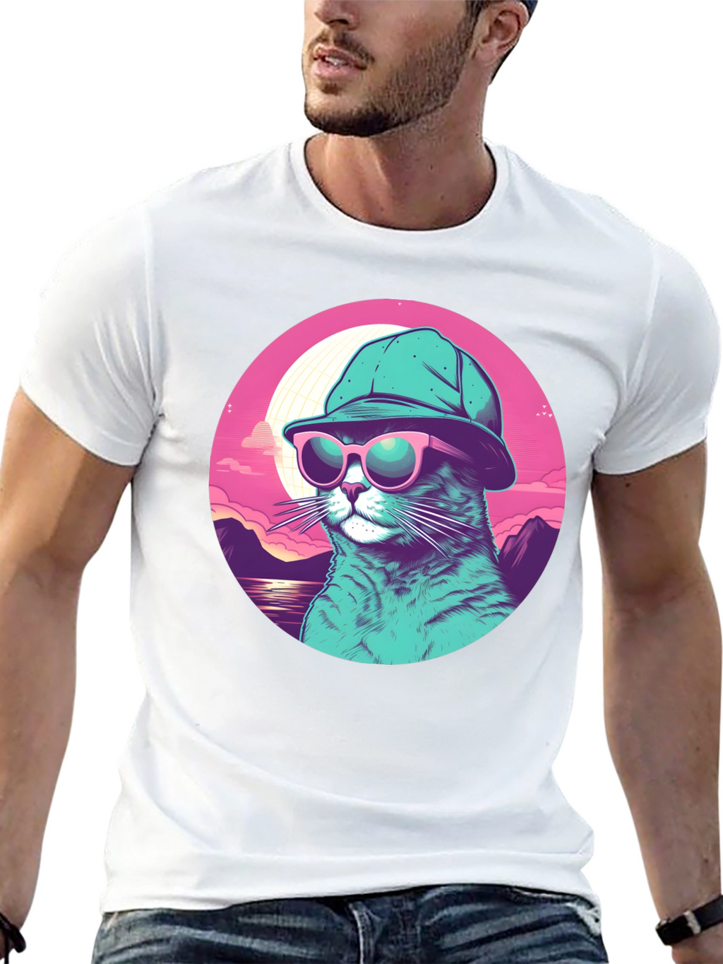 Cool Cat T-Shirt: Sunglasses & Hat Retro Style