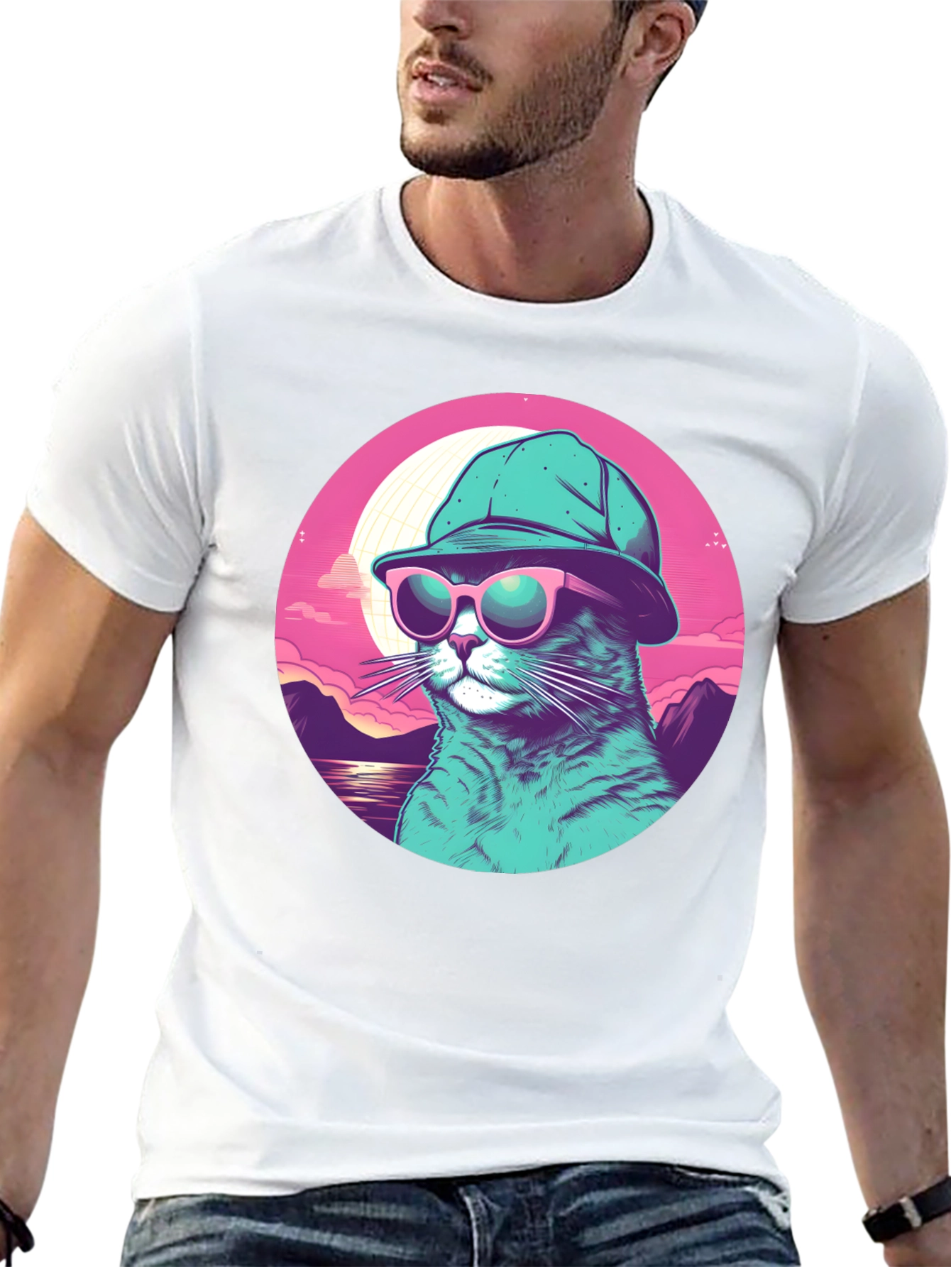 Cool Cat T-Shirt: Sunglasses & Hat Retro Style