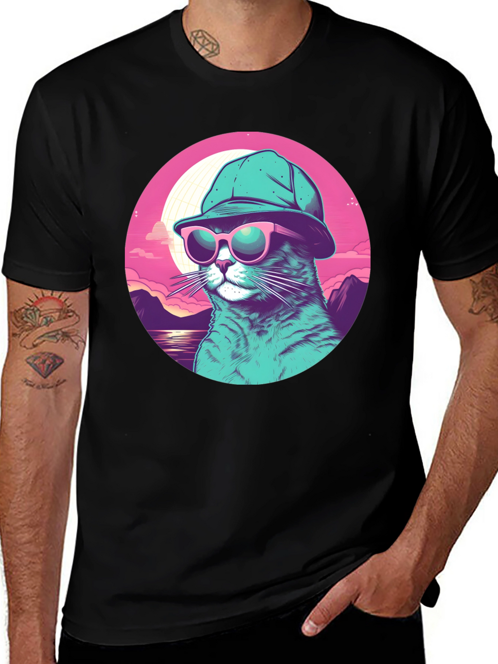 Cool Cat T-Shirt: Sunglasses & Hat Retro Style