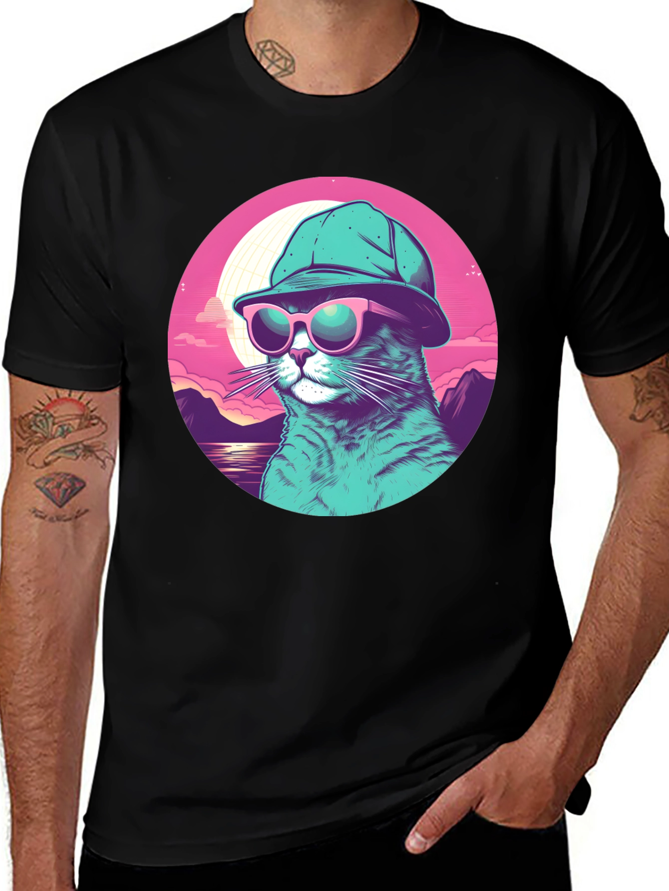 Cool Cat T-Shirt: Sunglasses & Hat Retro Style