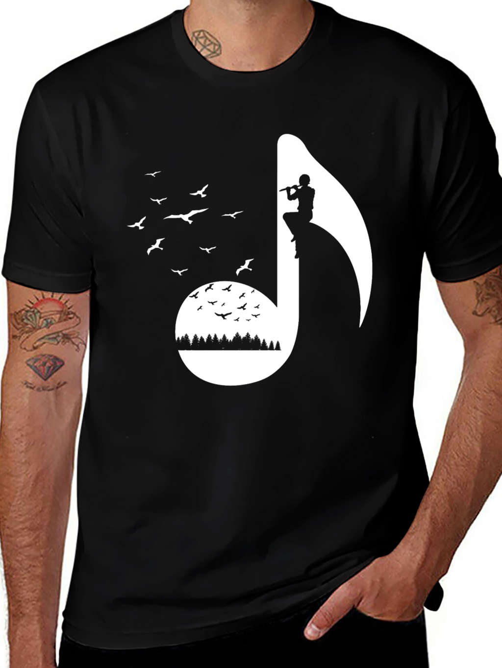 Musical Note Graphic Tee - Nature Inspired Flute Player