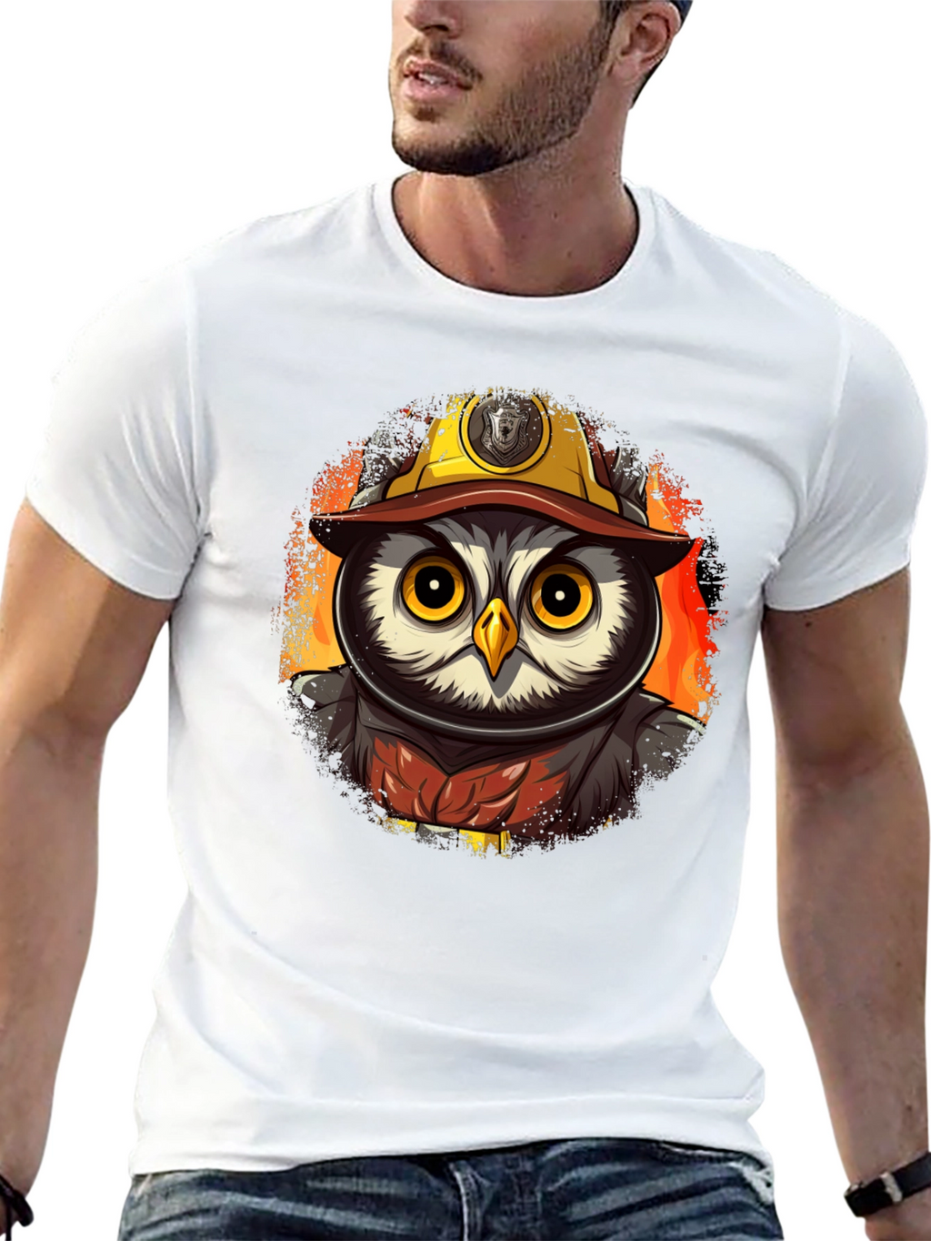 Owl Firefighter T-Shirt - Cartoon Design