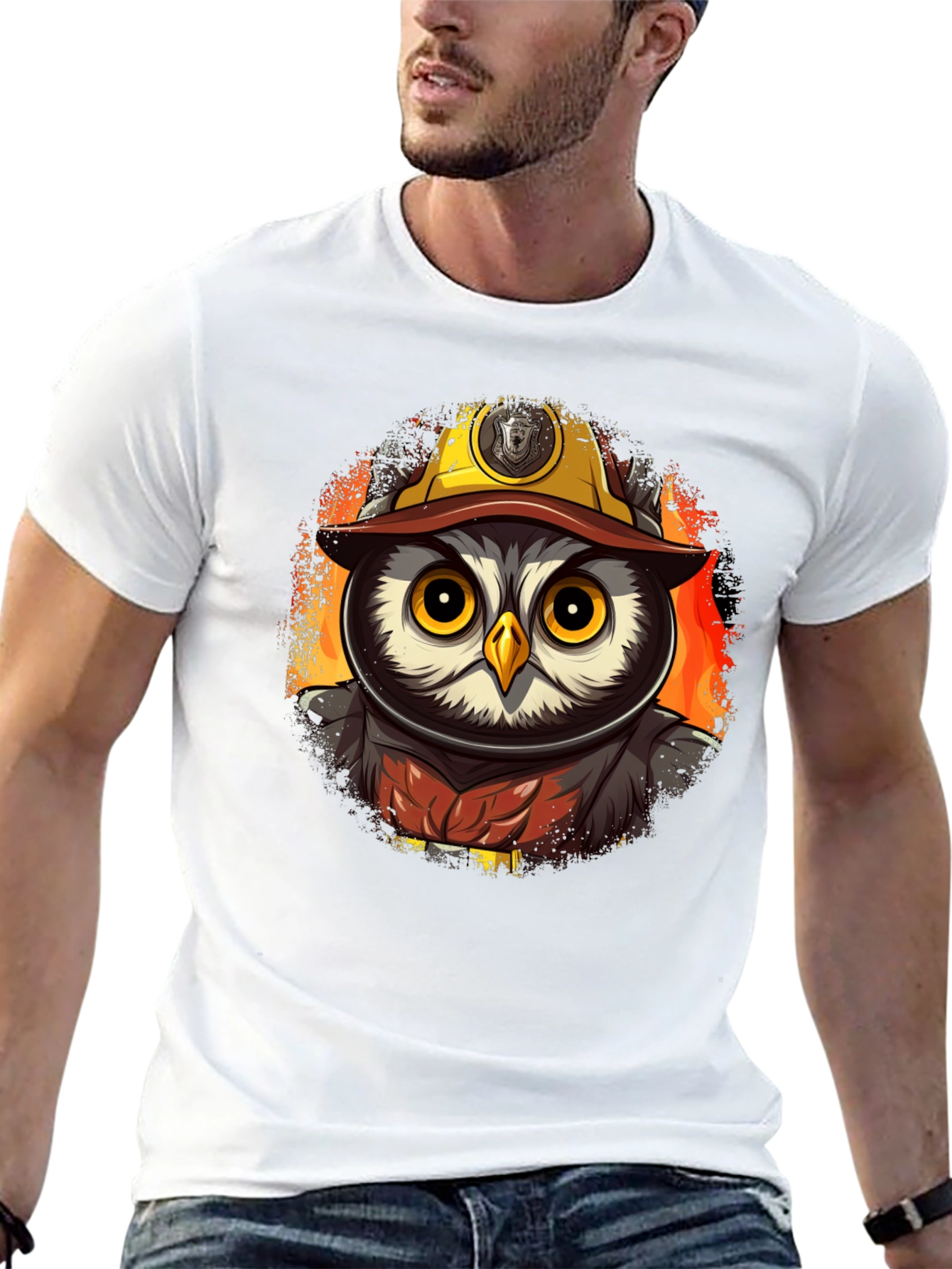 Owl Firefighter T-Shirt - Cartoon Design