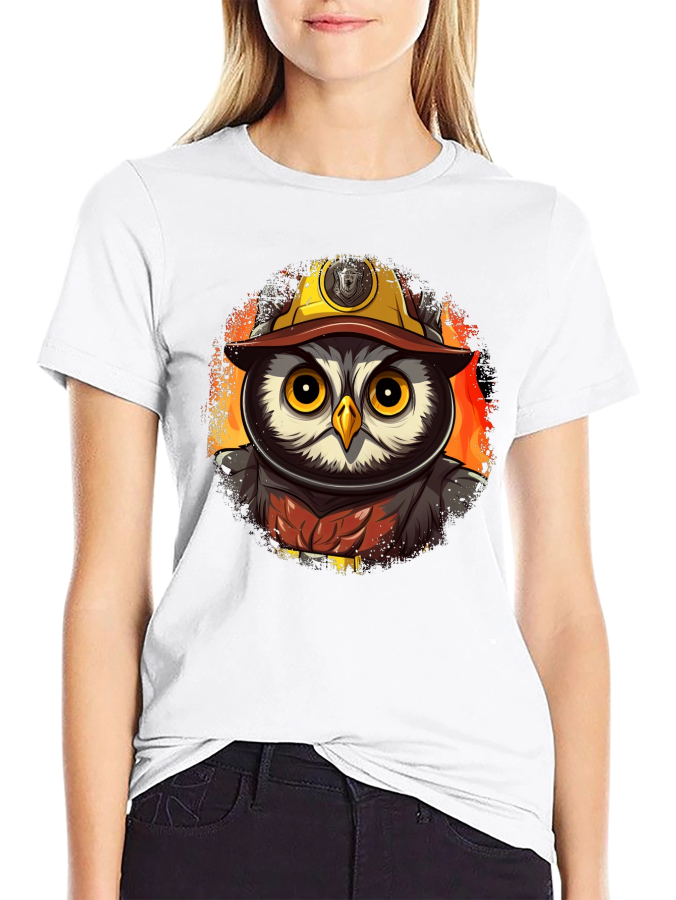 Owl Firefighter T-Shirt - Cartoon Design