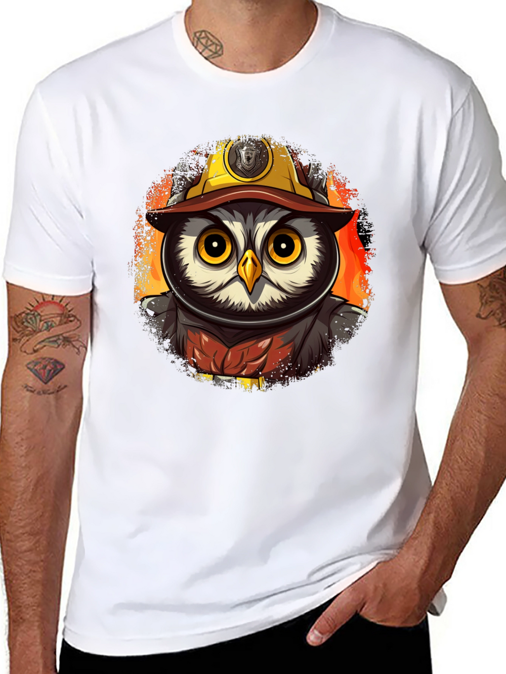 Owl Firefighter T-Shirt - Cartoon Design