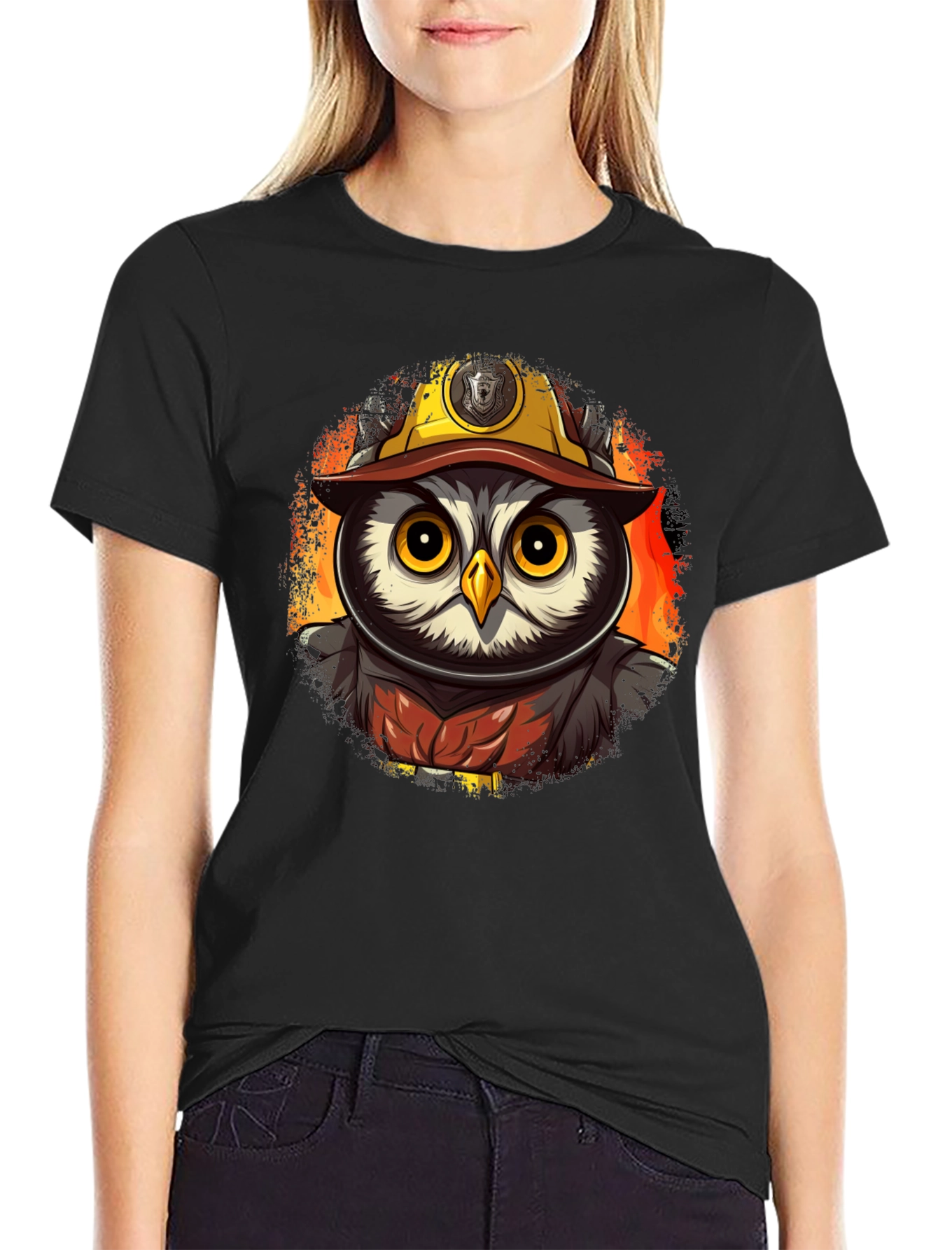 Owl Firefighter T-Shirt - Cartoon Design