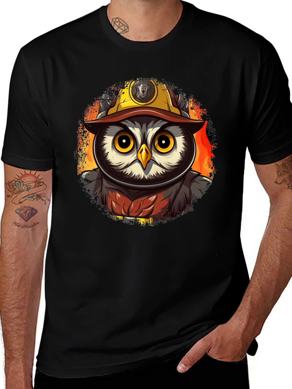 Owl Firefighter T-Shirt - Cartoon Design