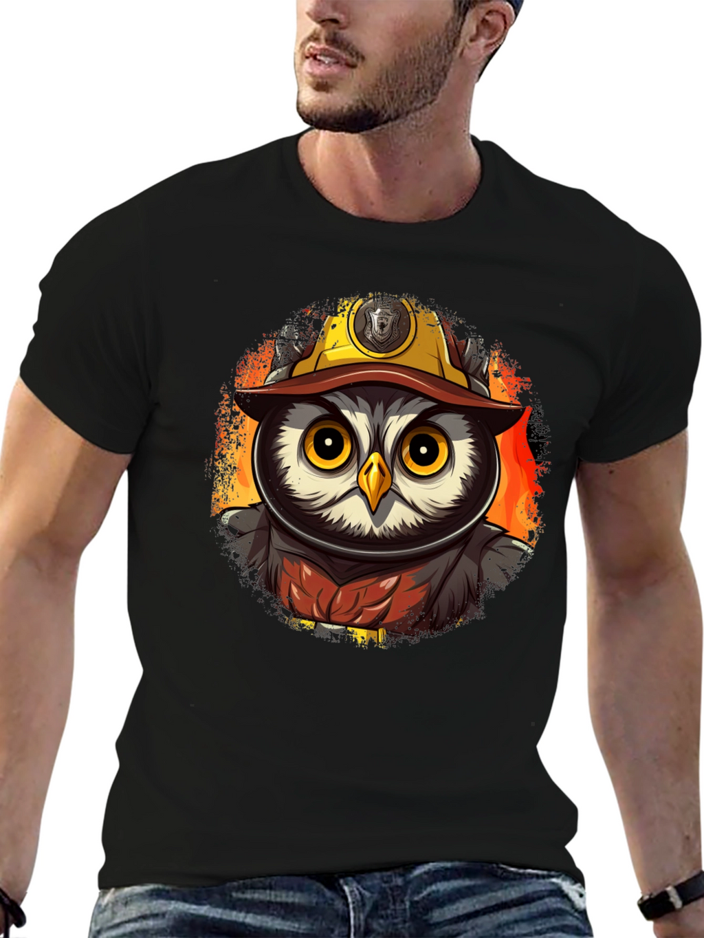 Owl Firefighter T-Shirt - Cartoon Design