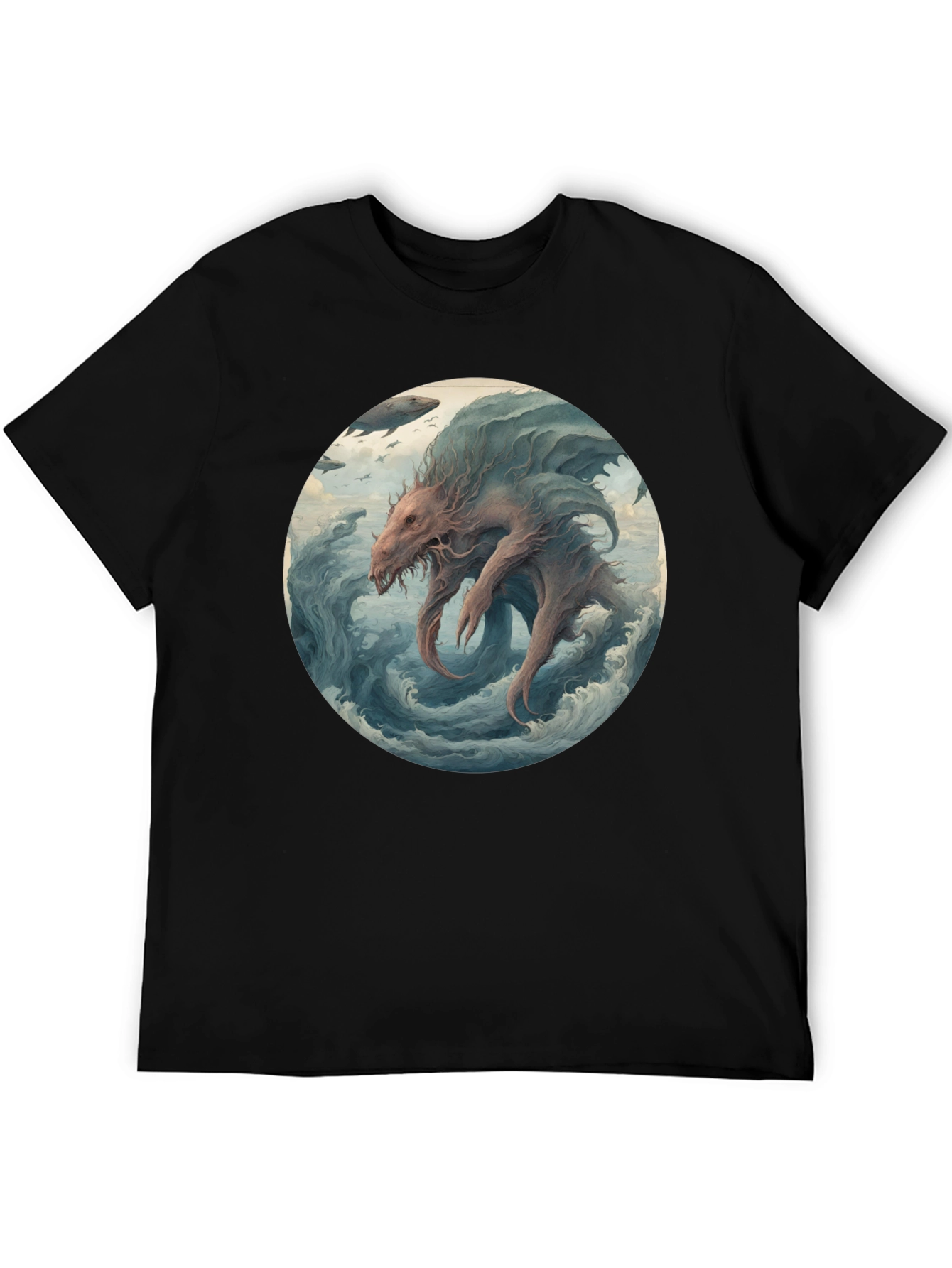 Sea Monster Graphic Tee - Black Cotton T-Shirt