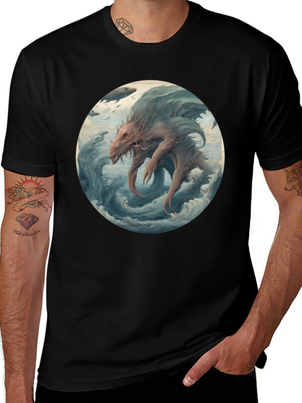 Sea Monster Graphic Tee - Black Cotton T-Shirt