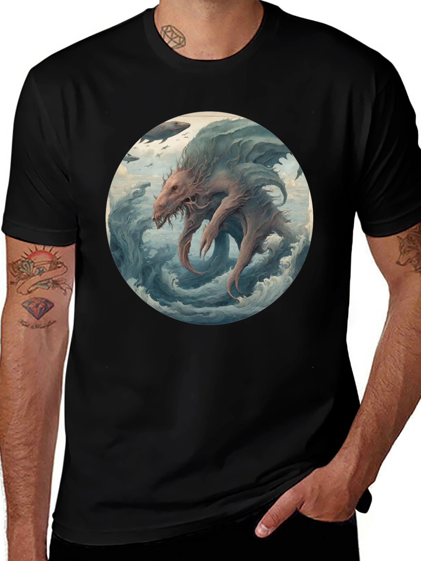 Sea Monster Graphic Tee - Black Cotton T-Shirt