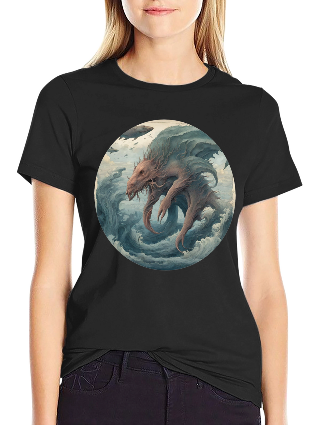 Sea Monster Graphic Tee - Black Cotton T-Shirt