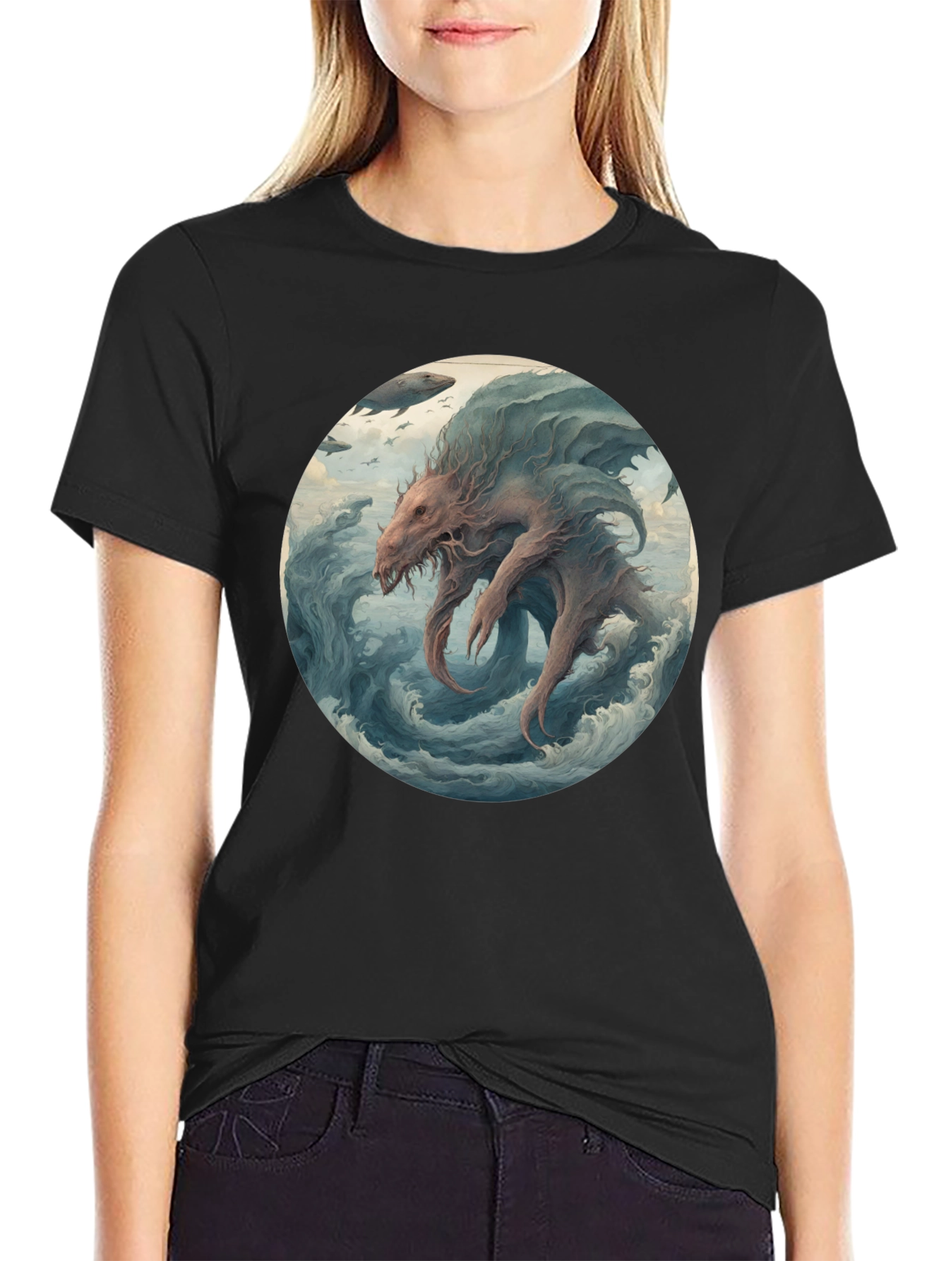 Sea Monster Graphic Tee - Black Cotton T-Shirt