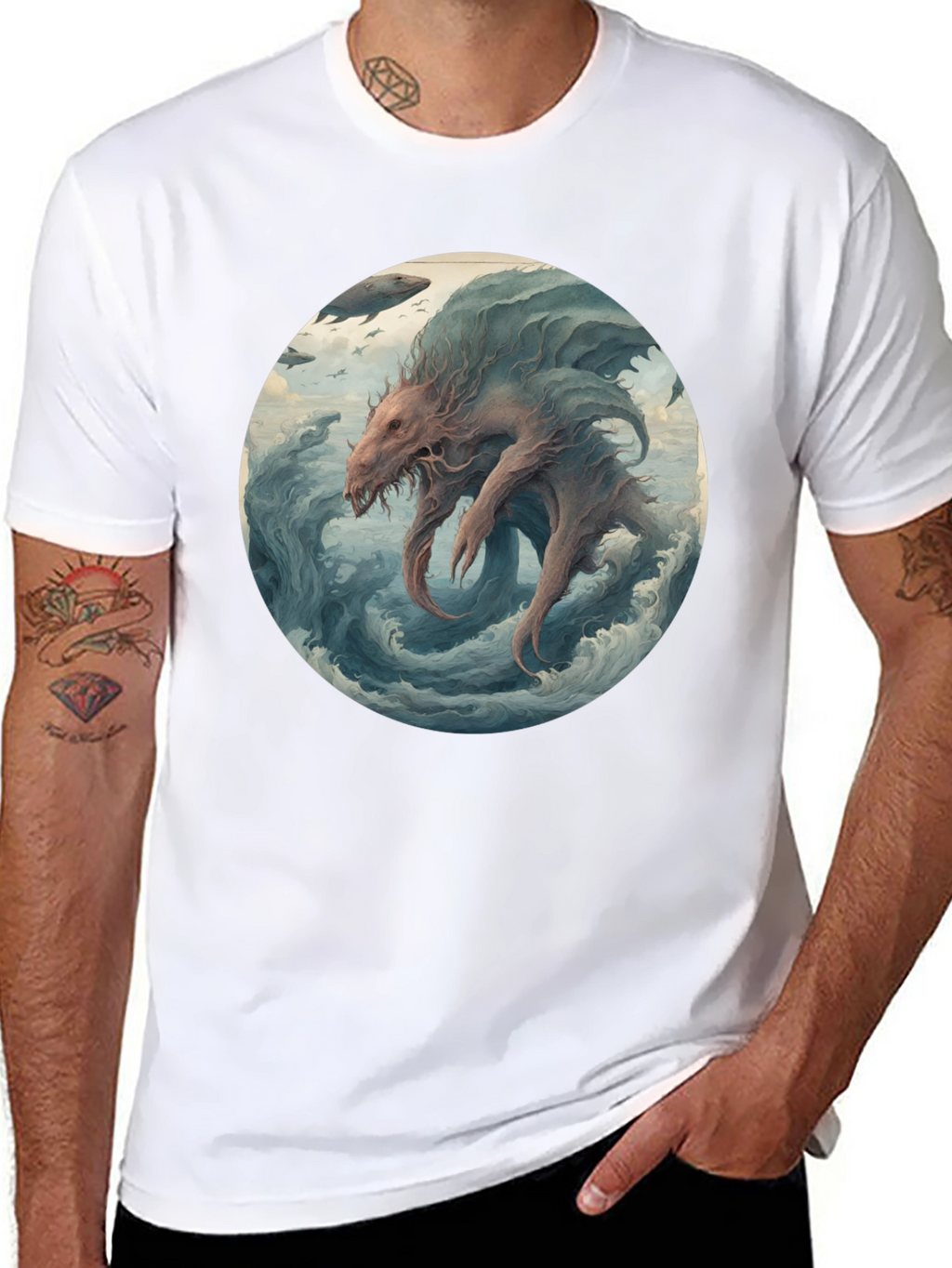 Sea Monster Graphic Tee - Black Cotton T-Shirt