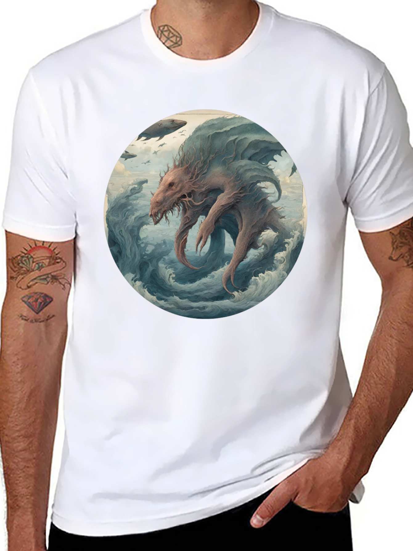 Sea Monster Graphic Tee - Black Cotton T-Shirt