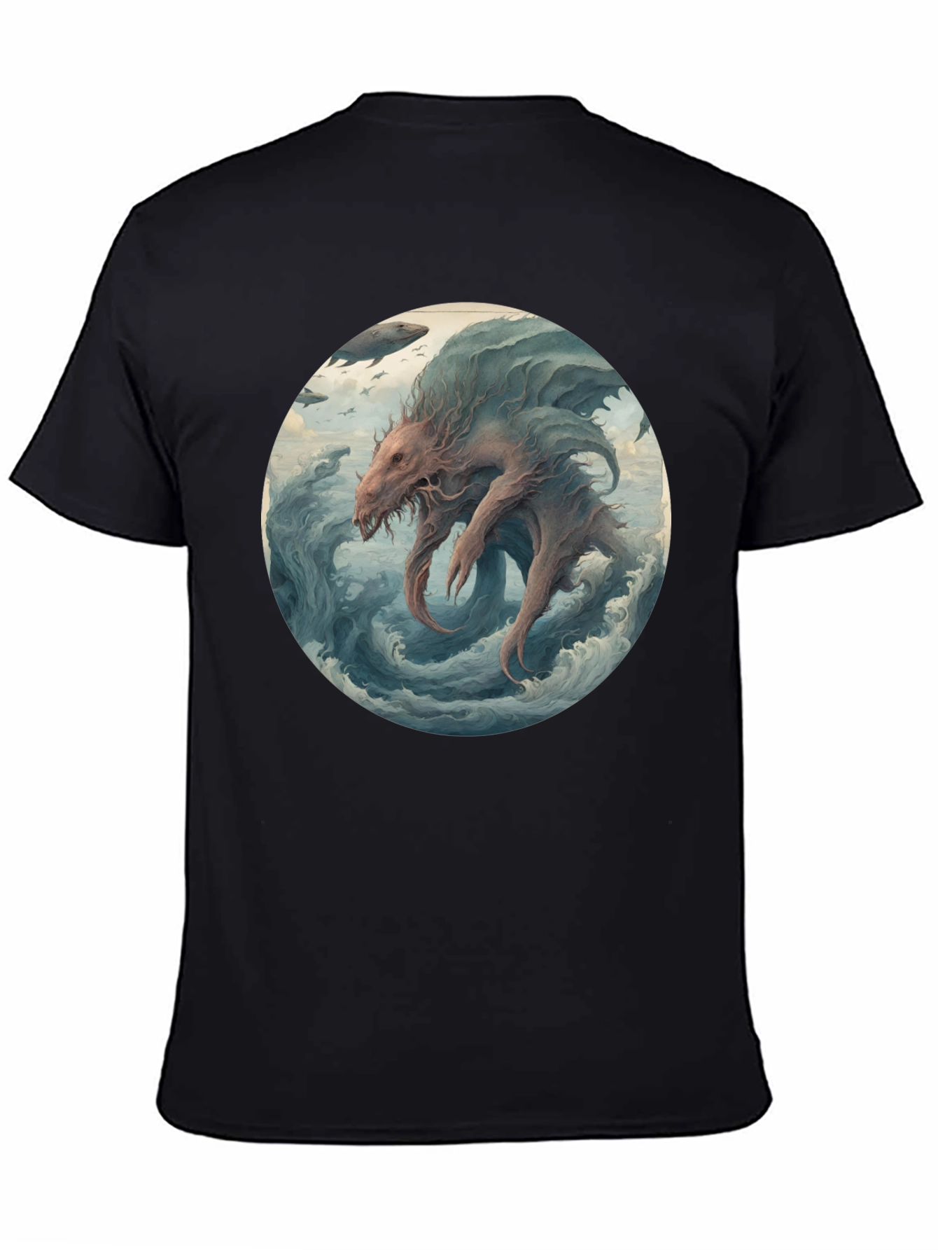 Sea Monster Graphic Tee - Black Cotton T-Shirt