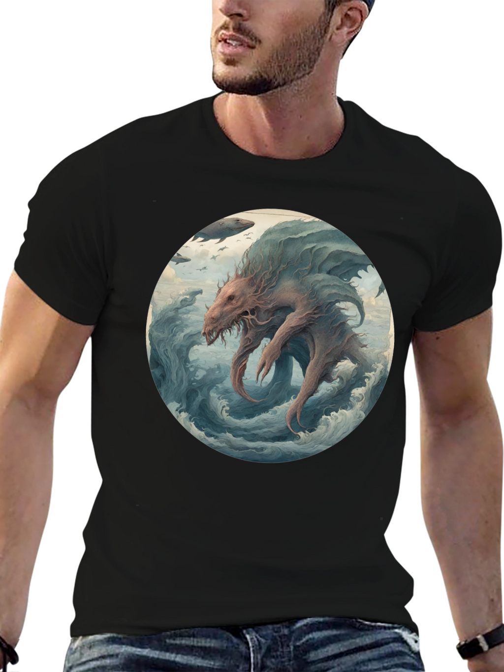Sea Monster Graphic Tee - Black Cotton T-Shirt