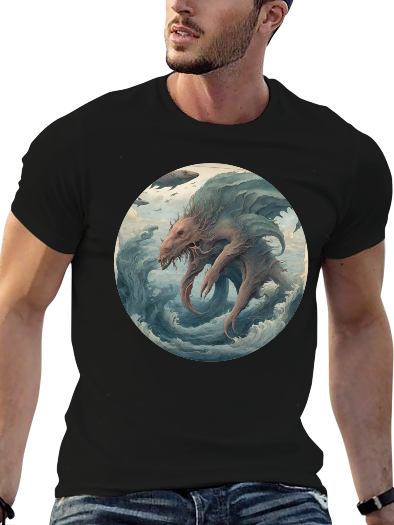 Sea Monster Graphic Tee - Black Cotton T-Shirt