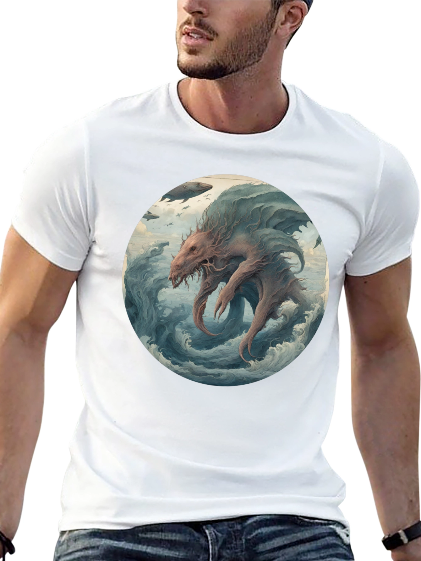 Sea Monster Graphic Tee - Black Cotton T-Shirt