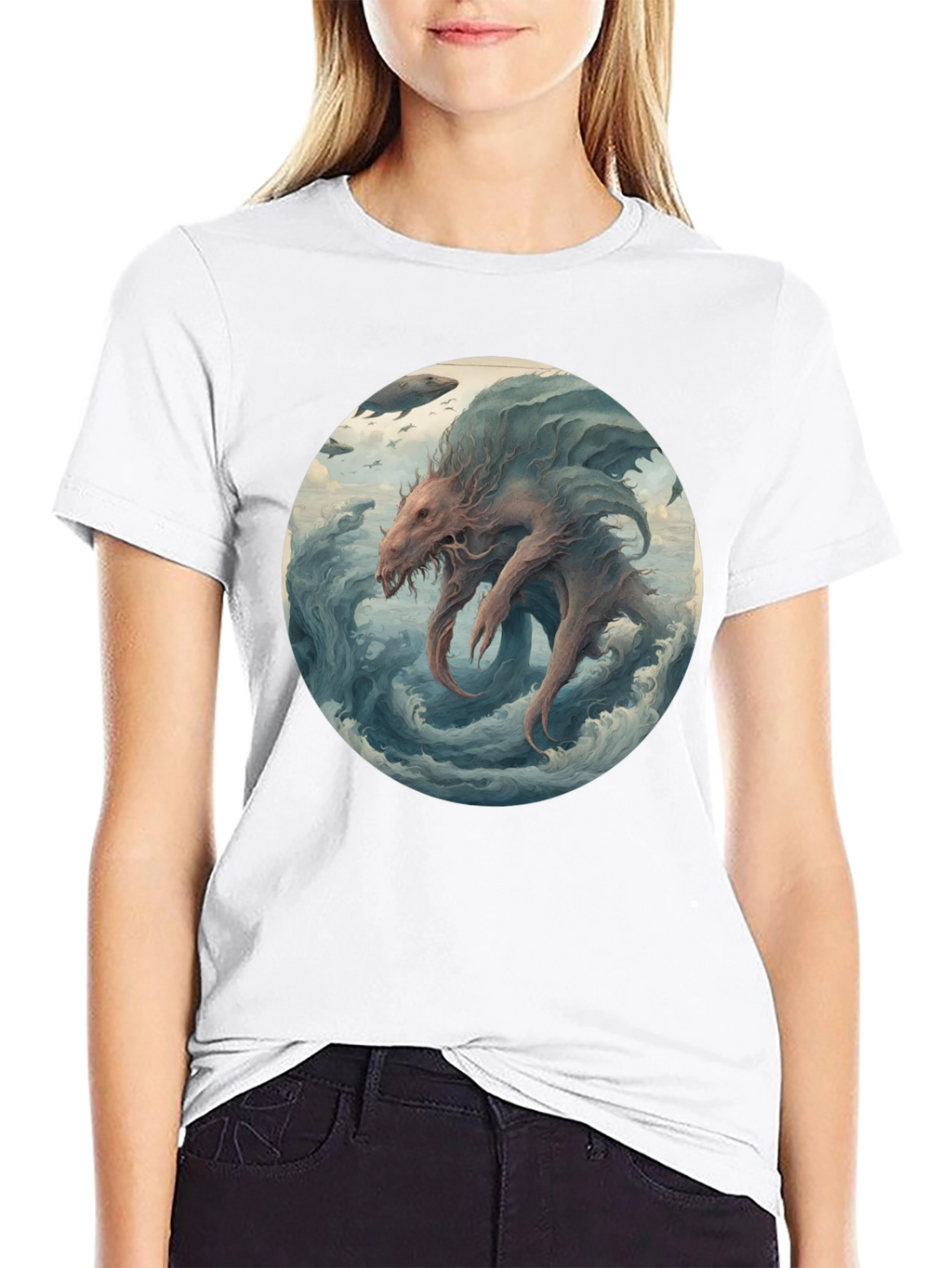 Sea Monster Graphic Tee - Black Cotton T-Shirt
