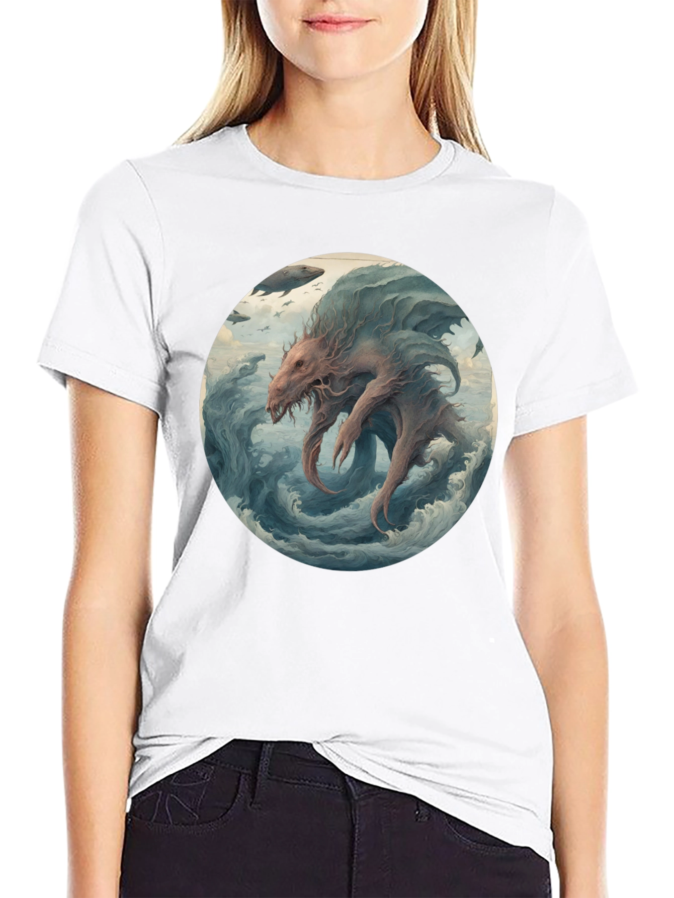 Sea Monster Graphic Tee - Black Cotton T-Shirt