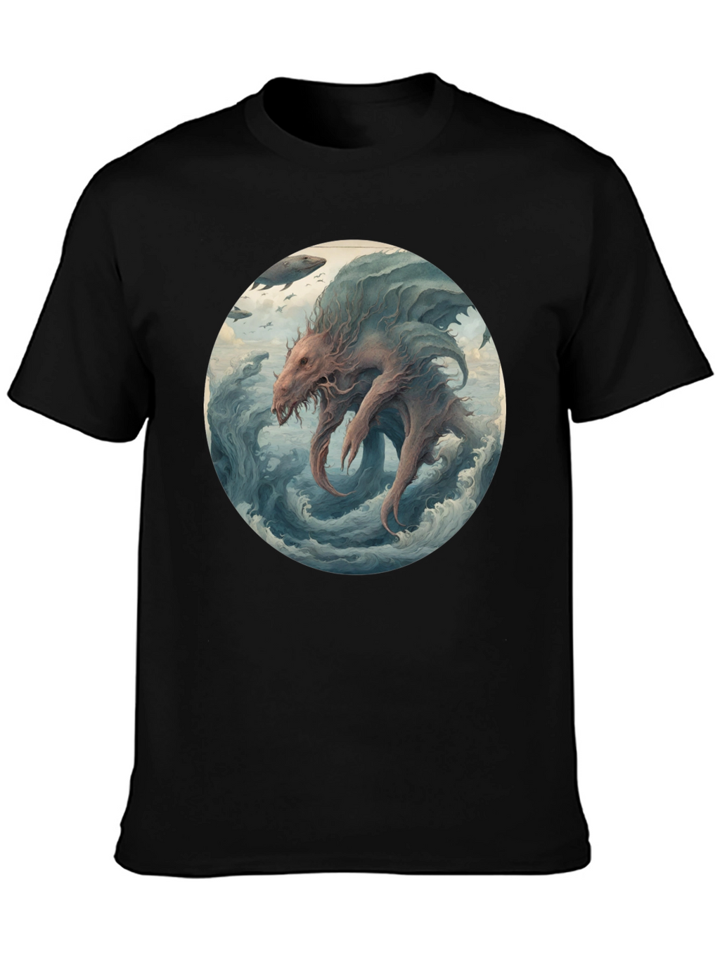 Sea Monster Graphic Tee - Black Cotton T-Shirt