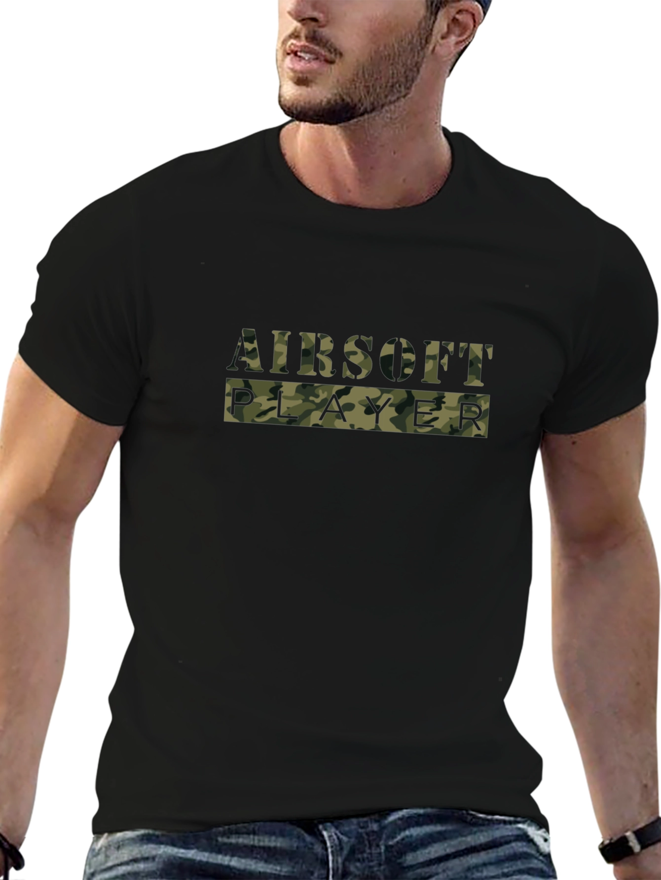 Airsoft Player Camo Print Black T-Shirt