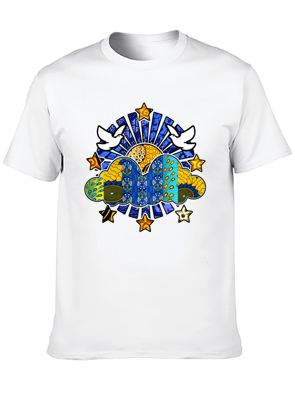 Artistic Dove & Star Graphic Black T-Shirt