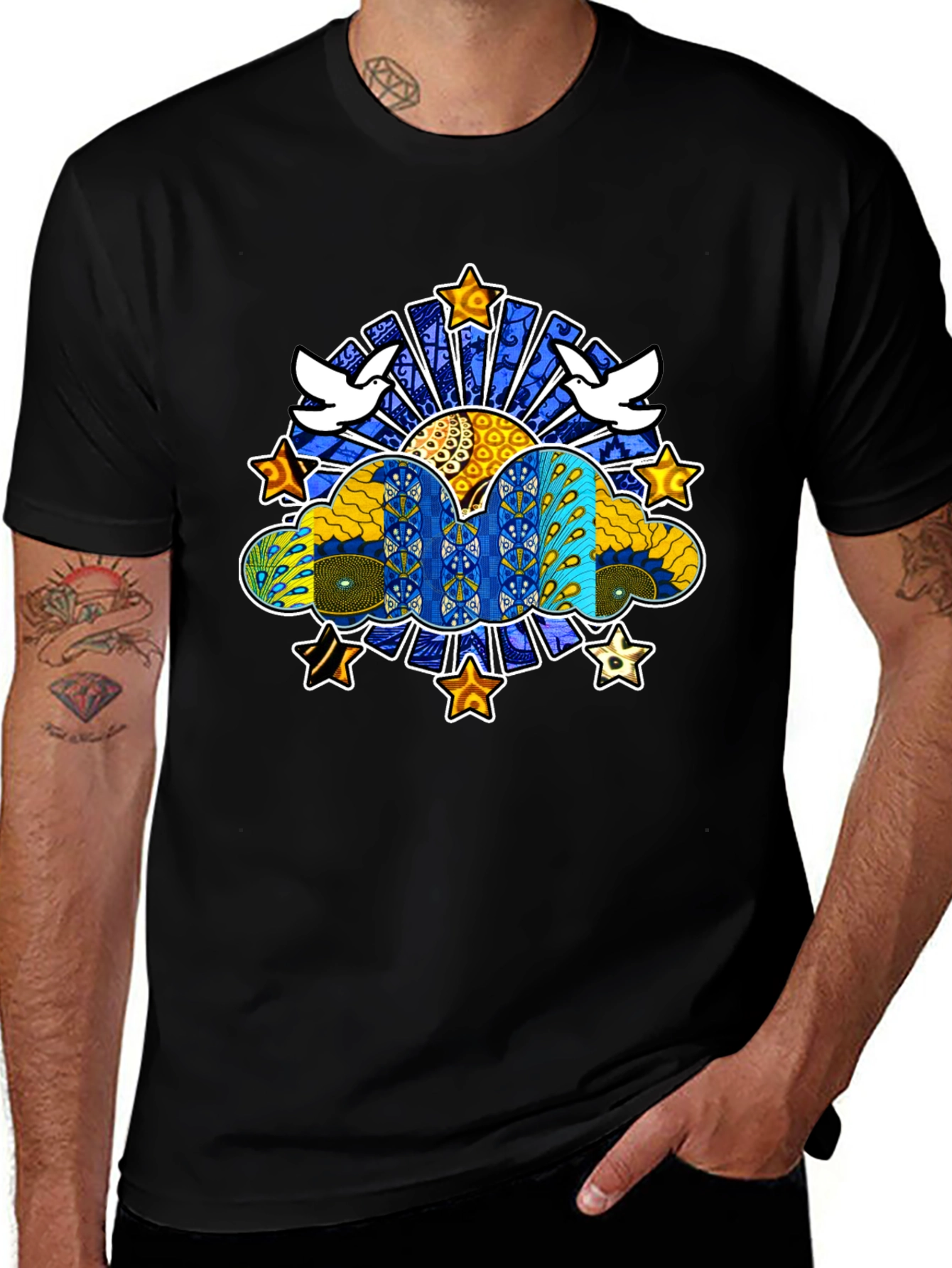 Artistic Dove & Star Graphic Black T-Shirt