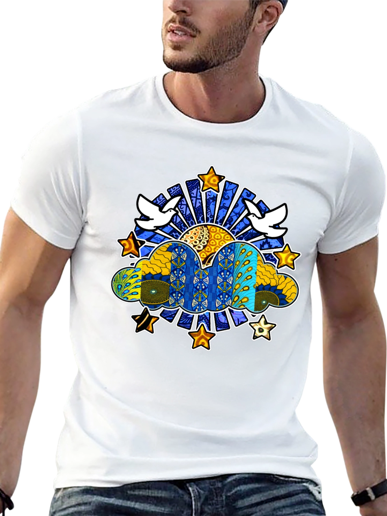 Artistic Dove & Star Graphic Black T-Shirt