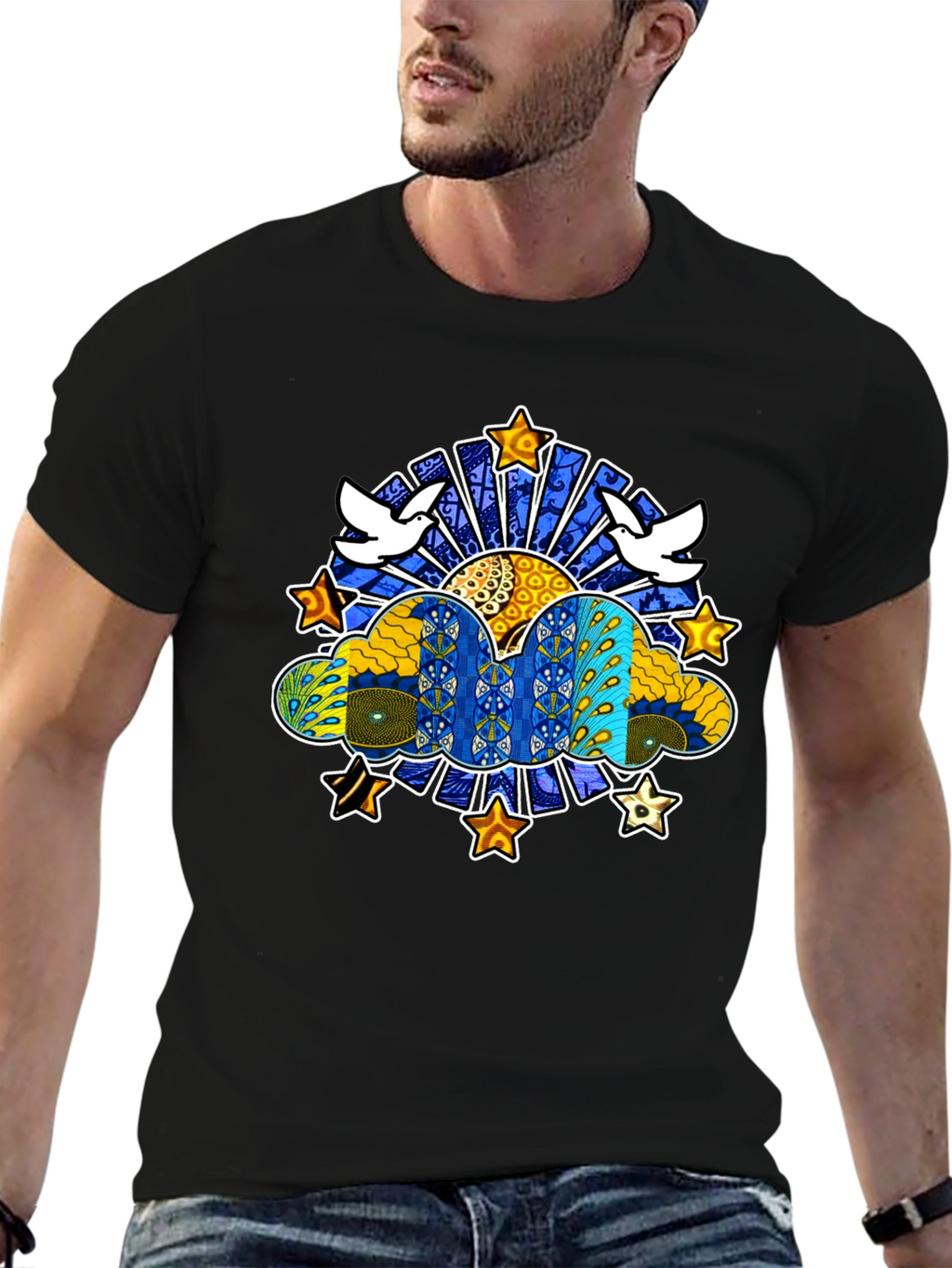Artistic Dove & Star Graphic Black T-Shirt