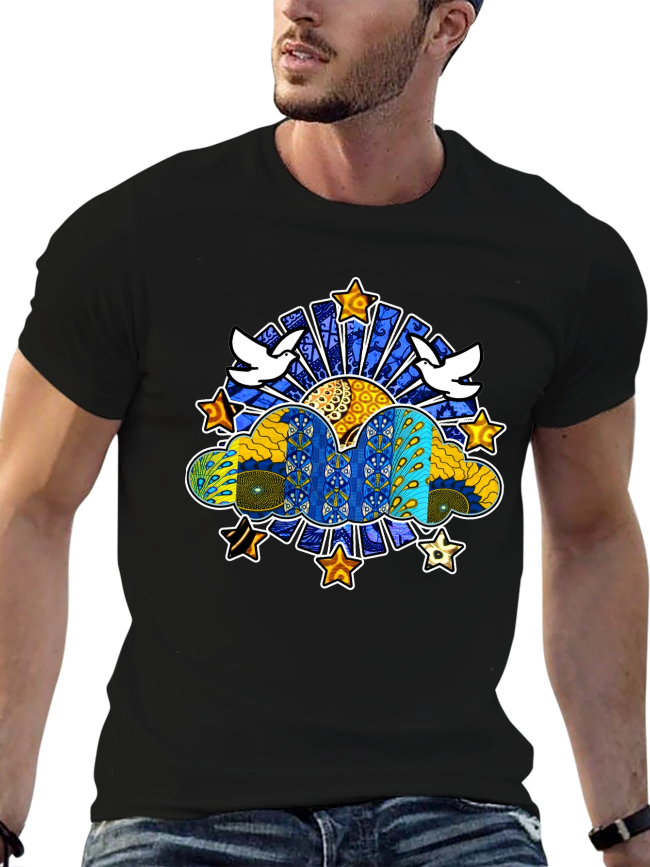 Artistic Dove & Star Graphic Black T-Shirt