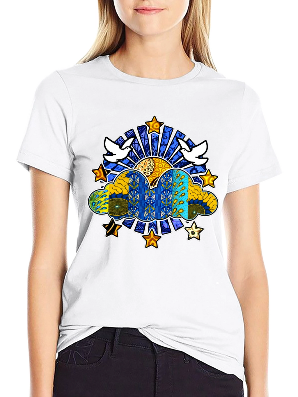 Artistic Dove & Star Graphic Black T-Shirt