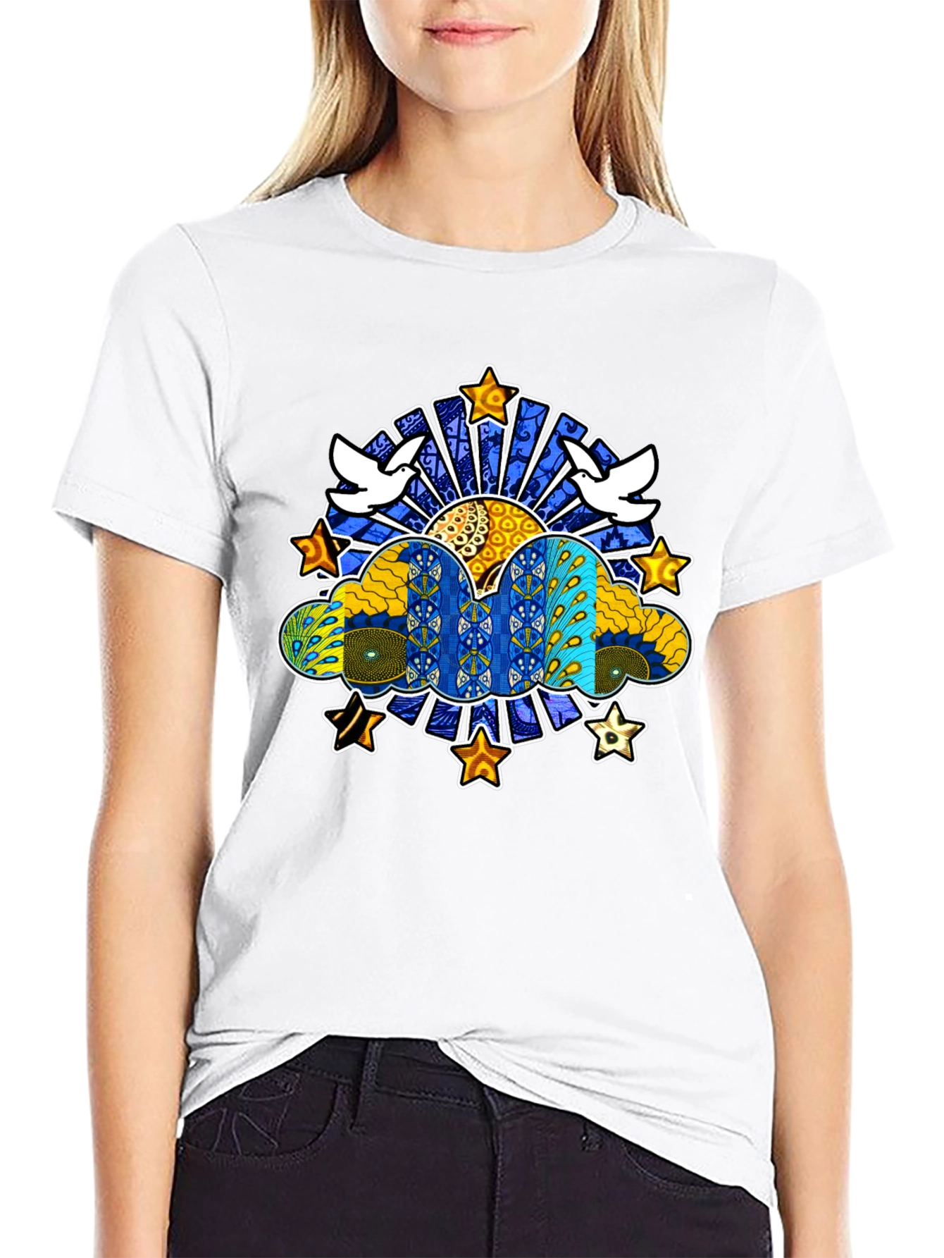 Artistic Dove & Star Graphic Black T-Shirt