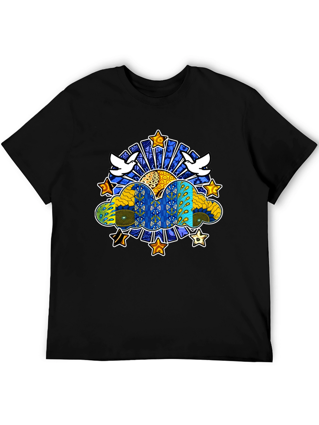 Artistic Dove & Star Graphic Black T-Shirt