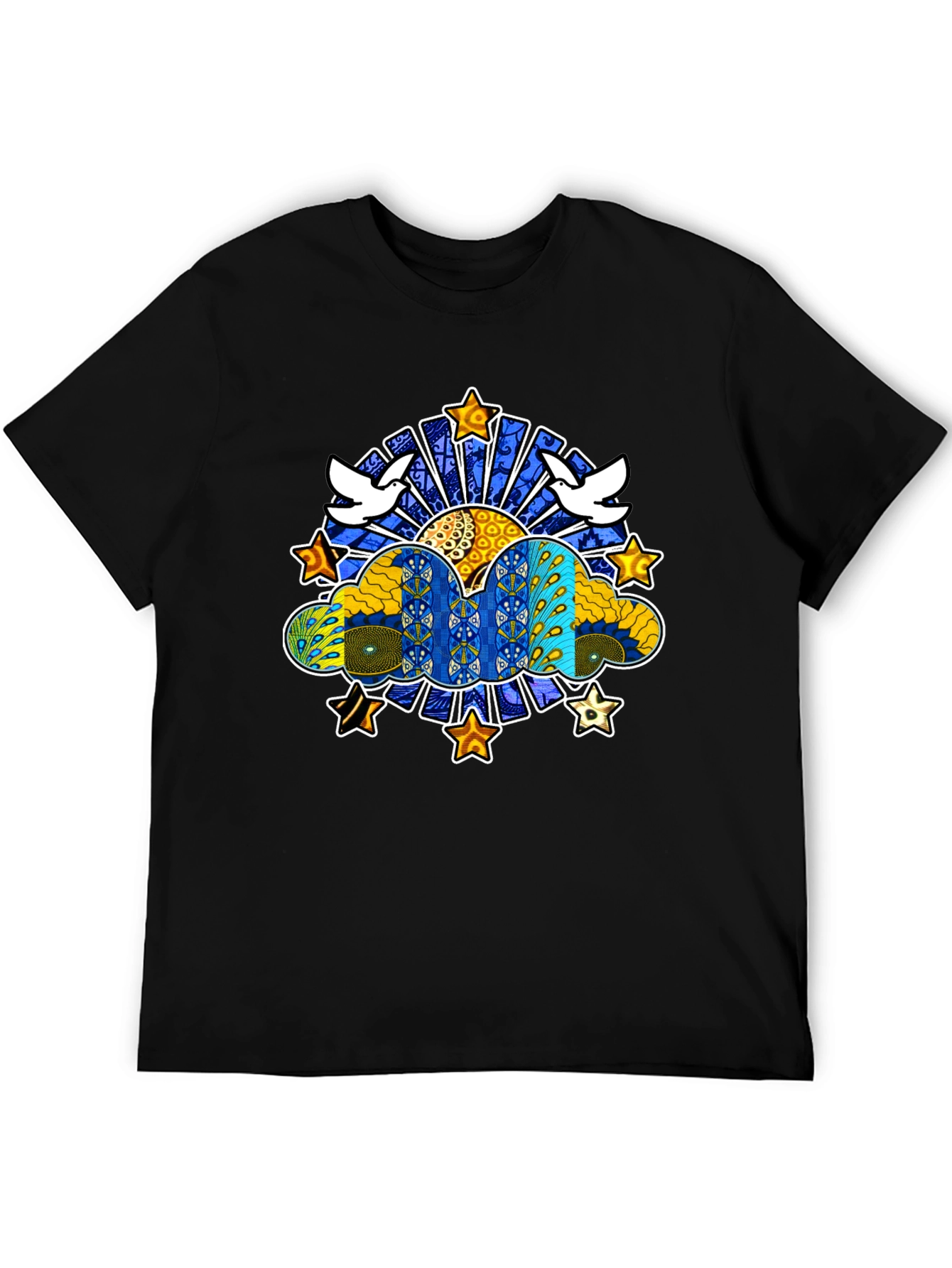 Artistic Dove & Star Graphic Black T-Shirt