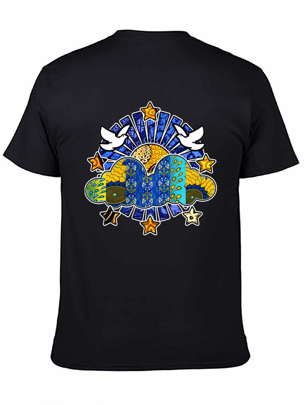 Artistic Dove & Star Graphic Black T-Shirt