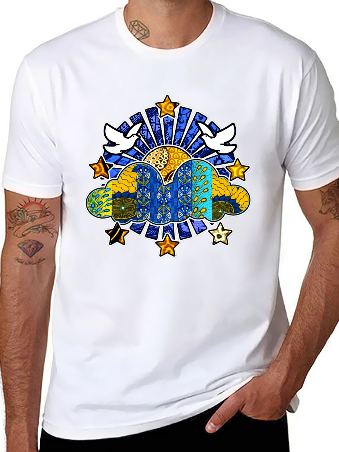Artistic Dove & Star Graphic Black T-Shirt