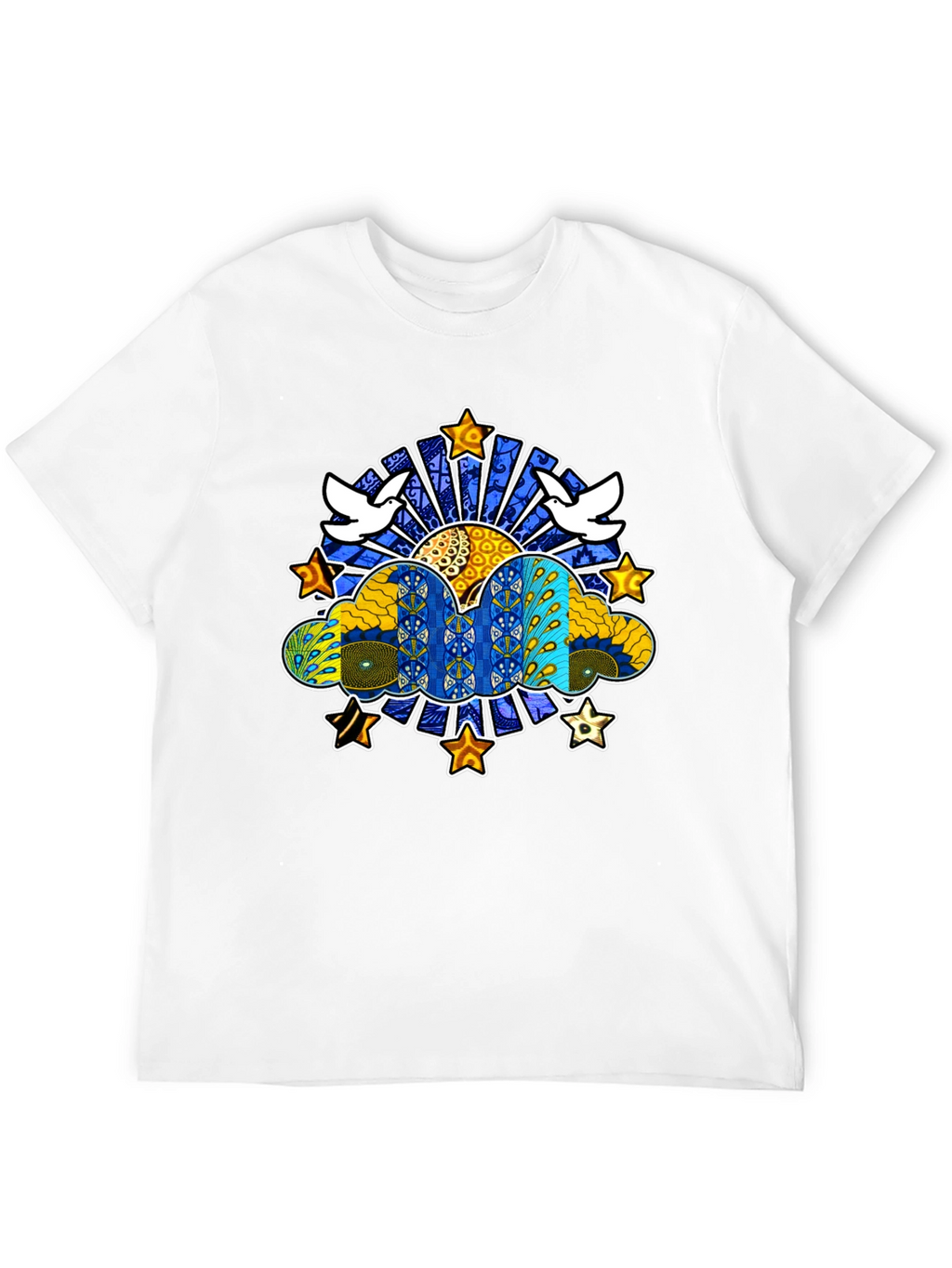 Artistic Dove & Star Graphic Black T-Shirt