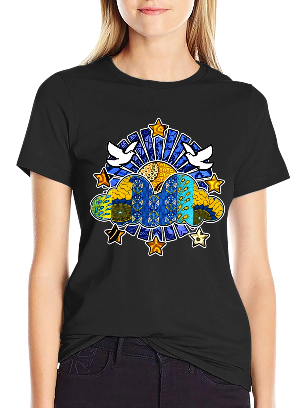 Artistic Dove & Star Graphic Black T-Shirt