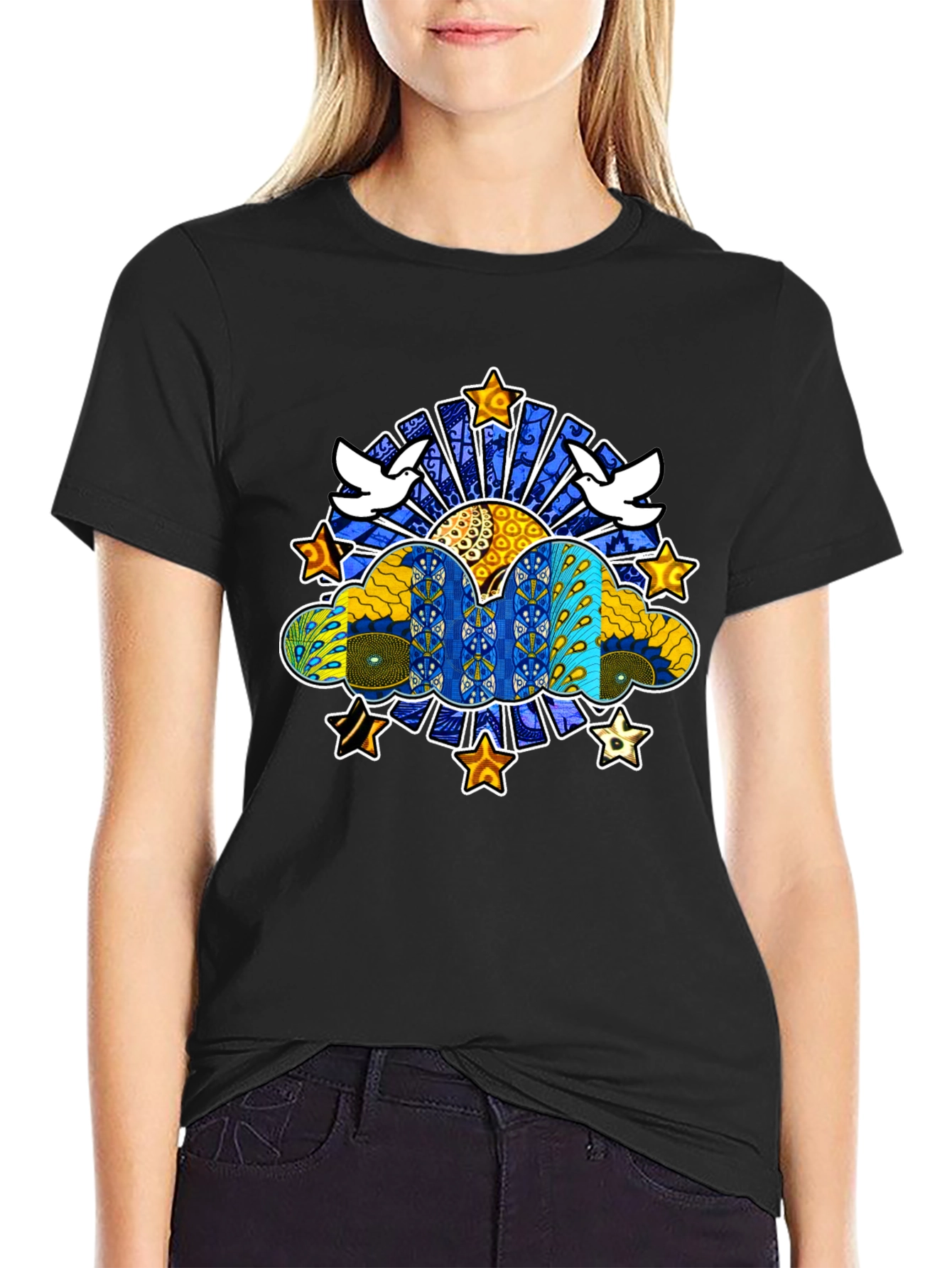 Artistic Dove & Star Graphic Black T-Shirt