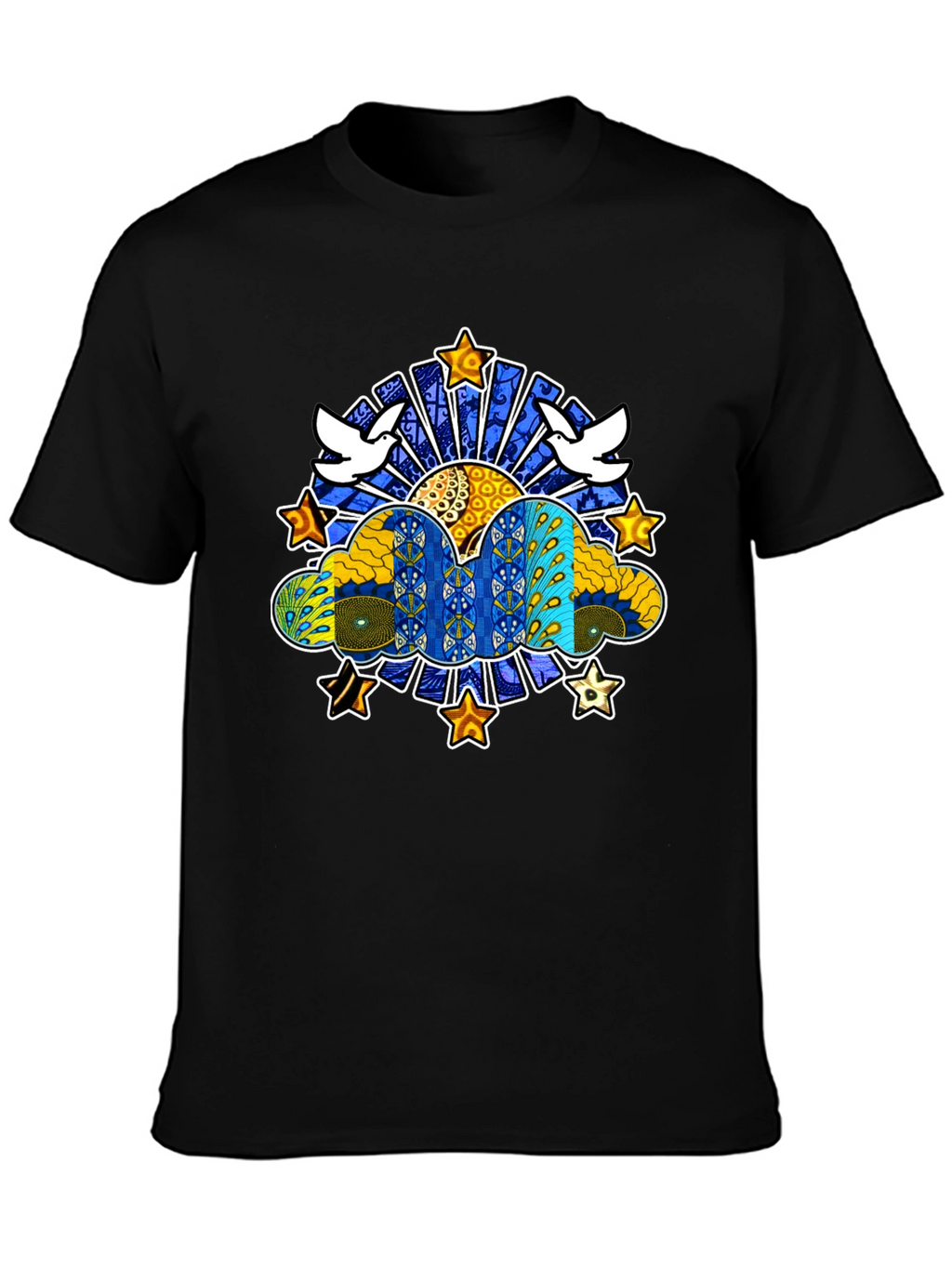 Artistic Dove & Star Graphic Black T-Shirt